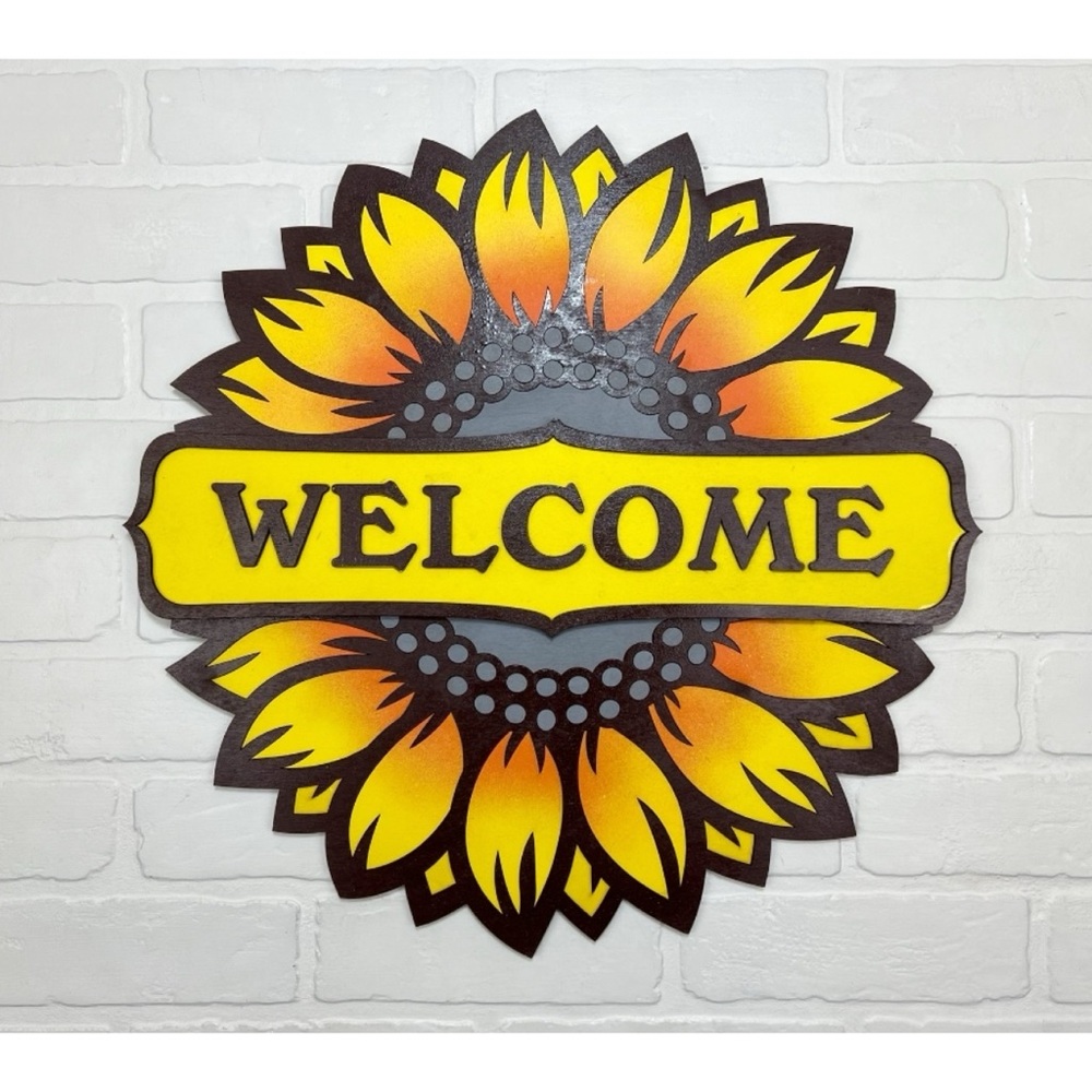 Sunflower Welcome Sign Large 19 Inch 3D Layered Wood Handcrafted Hand Painted